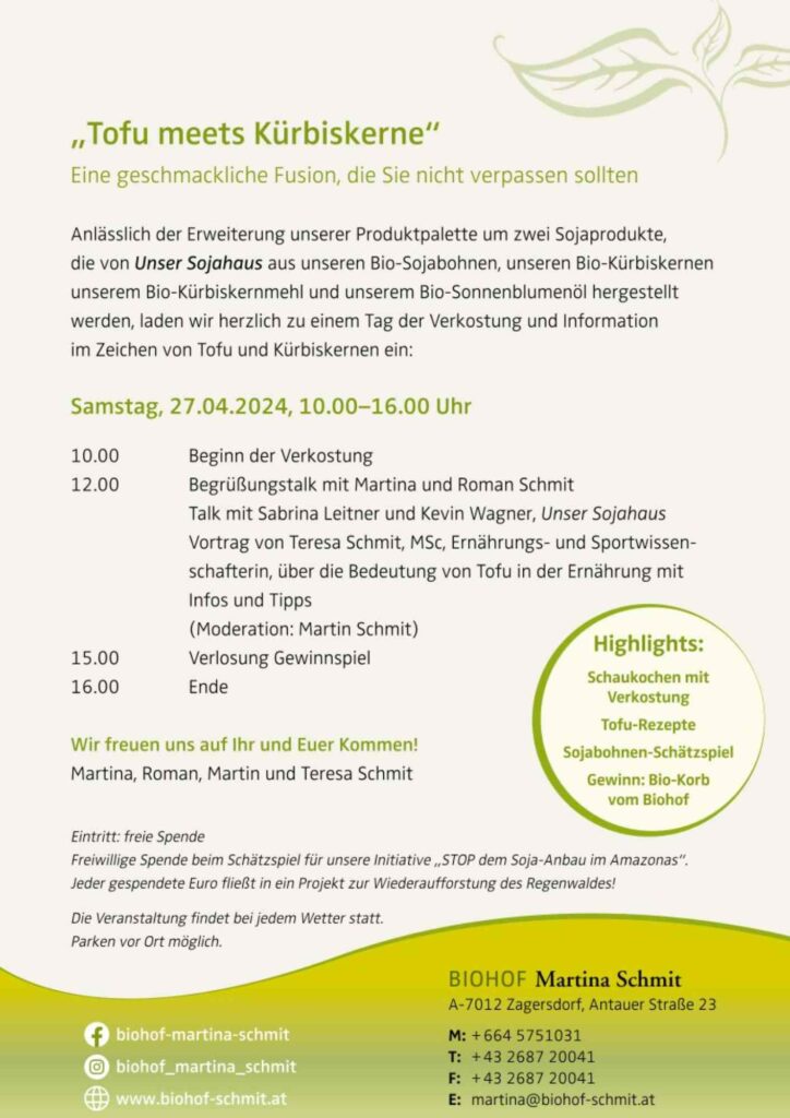 Einladung zu Tofu-Veranstaltung - Biohof Schmit