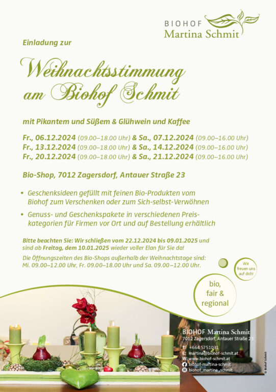Einladung zur Weihnachtsstimmung 2024 am Biohof Schmit - Flyer